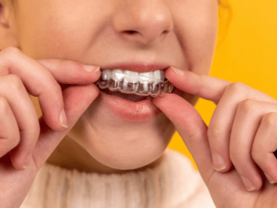 Woman with clear braces from Blossom Dental Care